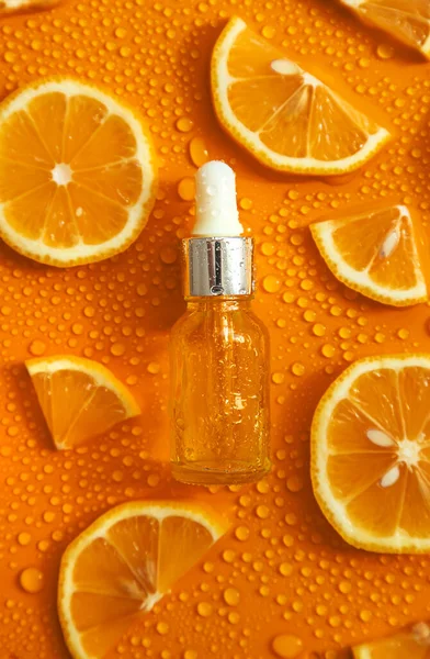 Botella Cosméticos Gotas Líquido Naranja Hidratante Ácido Hialurónico Enfoque Selectivo — Foto de Stock