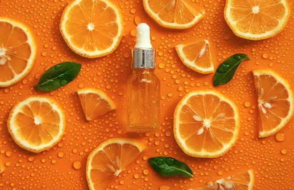 Bottle Cosmetics Drops Liquid Moisturizing Orange Hyaluronic Acid Selective Focus — Fotografia de Stock