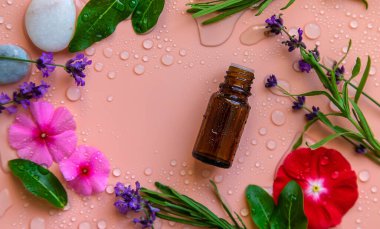 Arka planda su damlaları, gerekli yağ ve çiçeklerle dolu bir şişe var. Seçici odaklanma. Spa.