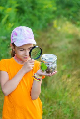 Çocuk salyangoza bakıyor. Seçici odaklanma. Hayvan..