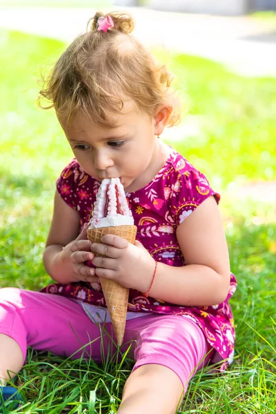 Child Eats Ice Cream Street Selective Focus Food Stock Picture