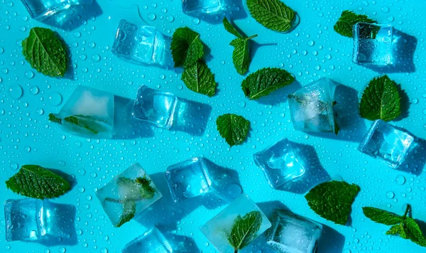 Ice Cubes Mint Blue Background Selective Focus Food — Stock fotografie