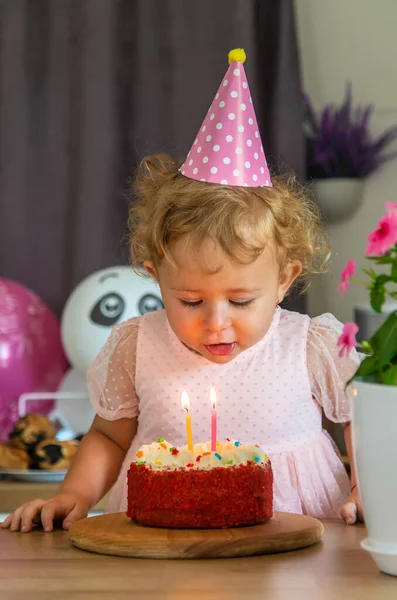 Child Two Years Old Cake Candles Selective Focus Kid — Foto Stock