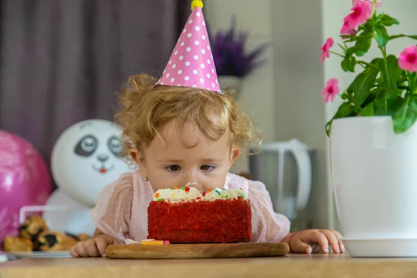 Child Two Years Old Cake Candles Selective Focus Kid — Foto Stock