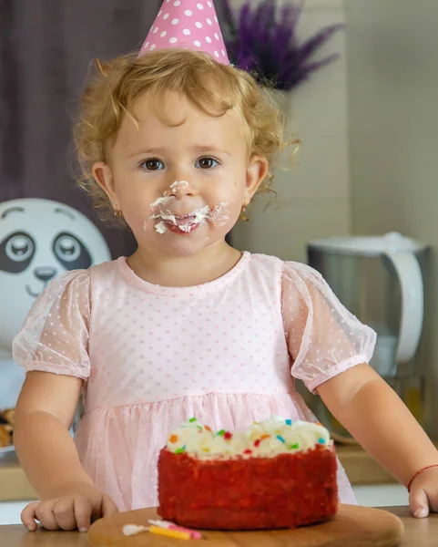 Child Two Years Old Cake Candles Selective Focus Kid — Foto Stock