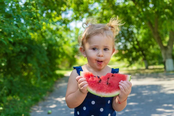 Child Eats Watermelon Park Selective Focus Kid — Foto Stock