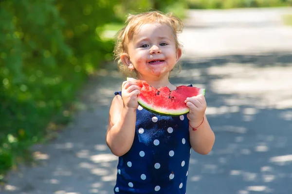 Child Eats Watermelon Park Selective Focus Kid — Foto Stock