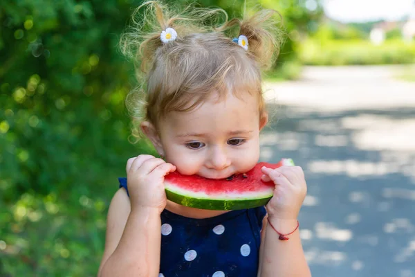 Child Eats Watermelon Park Selective Focus Kid — стоковое фото