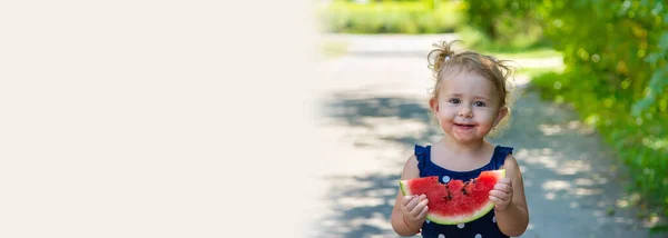 Child Eats Watermelon Park Selective Focus Kid —  Fotos de Stock