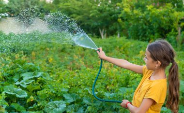 The child is watering the garden with a hose. Selective focus. Nature.