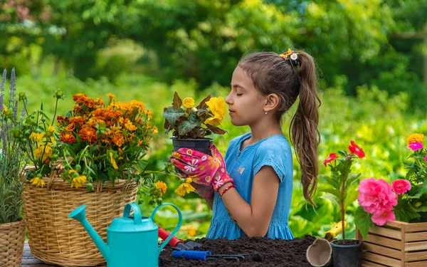 Child Planting Flowers Garden Selective Focus Kid — Stok Foto