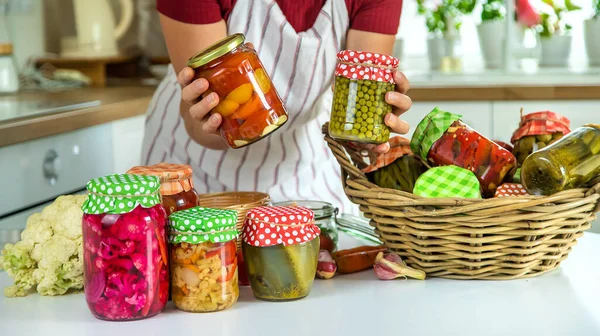 Woman Jar Preserve Vegetables Kitchen Selective Focus Food — Fotografia de Stock