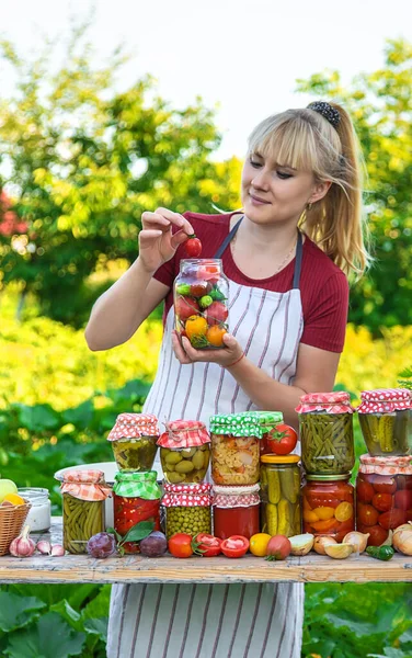 Woman Jar Preserved Vegetables Winter Selective Focus Food — Stock fotografie