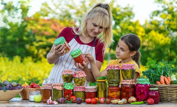 Woman Jar Preserved Vegetables Winter Mother Daughter Selective Focus Food — Stok fotoğraf