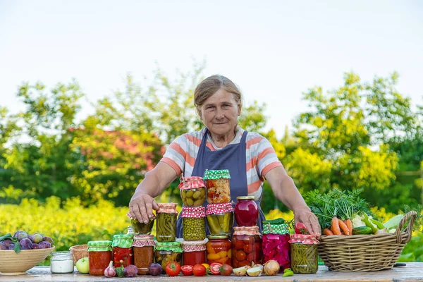 Senior Woman Preserving Vegetables Jars Selective Focus Food — Stock Photo, Image