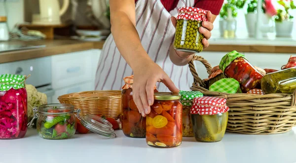 Woman Jar Preserve Vegetables Kitchen Selective Focus Food — 스톡 사진