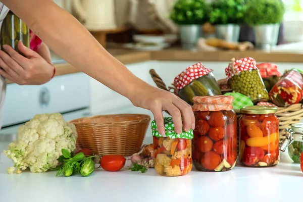 Woman Jar Preserve Vegetables Kitchen Selective Focus Food — Zdjęcie stockowe