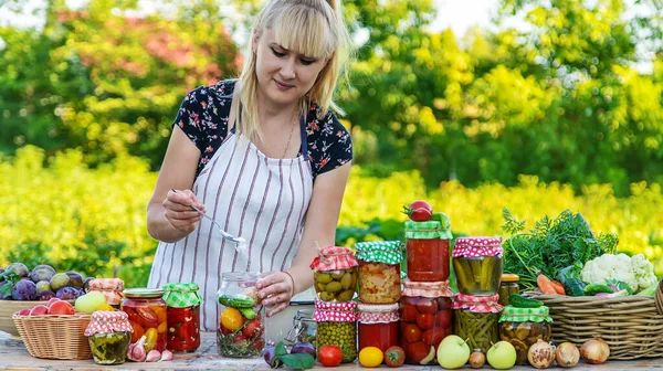 Woman Jar Preserved Vegetables Winter Selective Focus Food — Stock fotografie