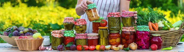 Woman Jar Preserved Vegetables Winter Selective Focus Food — Zdjęcie stockowe