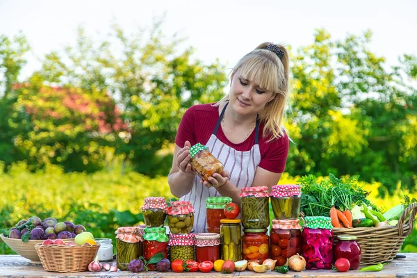 Woman Jar Preserved Vegetables Winter Selective Focus Food — Stockfoto