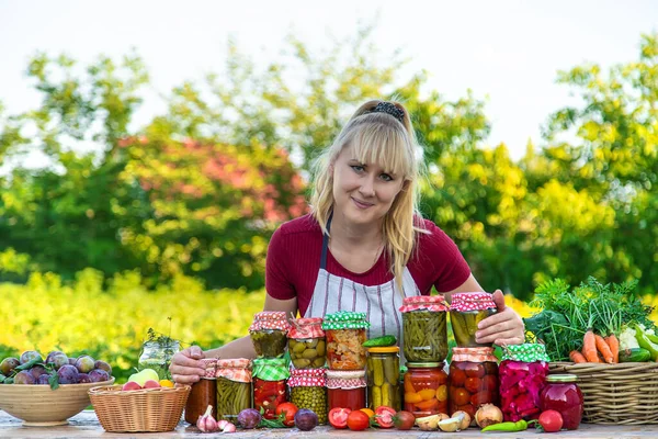 Woman Jar Preserved Vegetables Winter Selective Focus Food — Stock fotografie