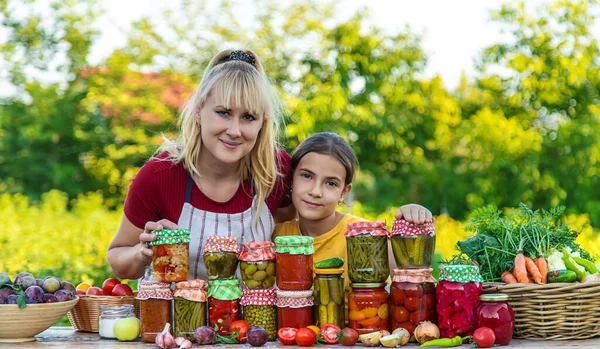 Woman Jar Preserved Vegetables Winter Mother Daughter Selective Focus Food — Stok fotoğraf
