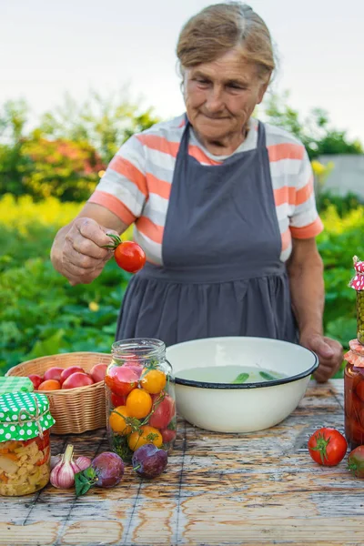 Senior Woman Preserving Vegetables Jars Selective Focus Food — Stok fotoğraf