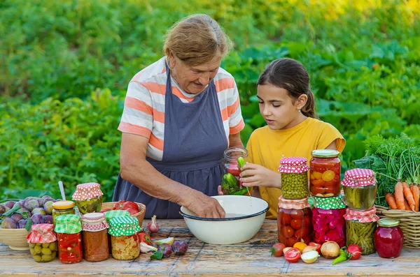 Women Jar Preserved Vegetables Winter Mother Daughter Selective Focus Food — Stock fotografie