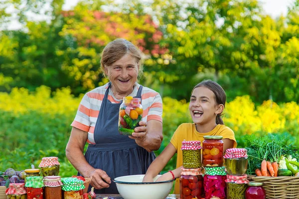 Women Jar Preserved Vegetables Winter Mother Daughter Selective Focus Food — Stock fotografie