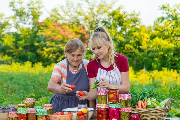Women Jar Preserved Vegetables Winter Mother Daughter Selective Focus Food — Stockfoto
