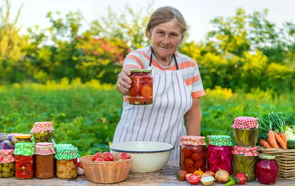 Senior Woman Preserving Vegetables Jars Selective Focus Food — Stock fotografie