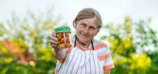 Senior Woman Preserving Vegetables Jars Selective Focus Food — Stok fotoğraf