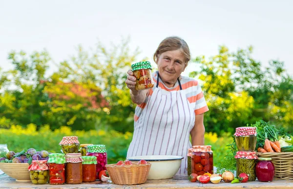 Senior Woman Preserving Vegetables Jars Selective Focus Food — Stock fotografie