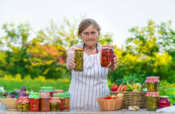 Senior Woman Preserving Vegetables Jars Selective Focus Food — Stock Photo, Image