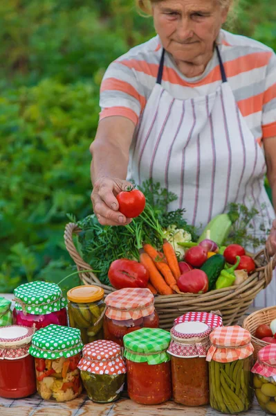 Senior Woman Preserving Vegetables Jars Selective Focus Food — Stok fotoğraf