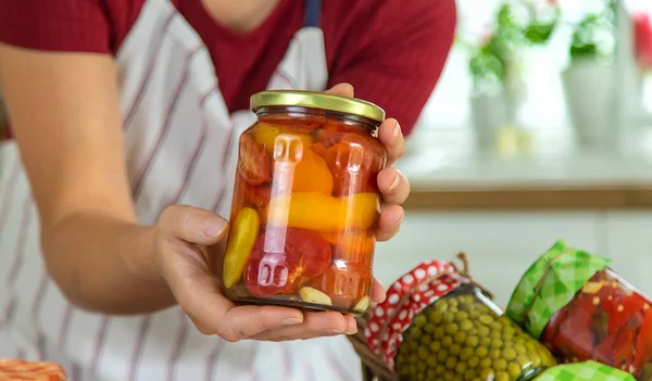 Woman Jar Preserve Vegetables Kitchen Selective Focus Food — Stockfoto