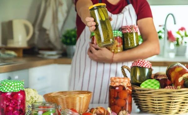 Woman Jar Preserve Vegetables Kitchen Selective Focus Food — Stock fotografie