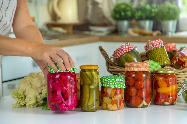 Woman Jar Preserve Vegetables Kitchen Selective Focus Food — Zdjęcie stockowe