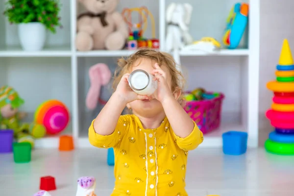 Child Drink Milk Room Selective Focus Kid — Stockfoto