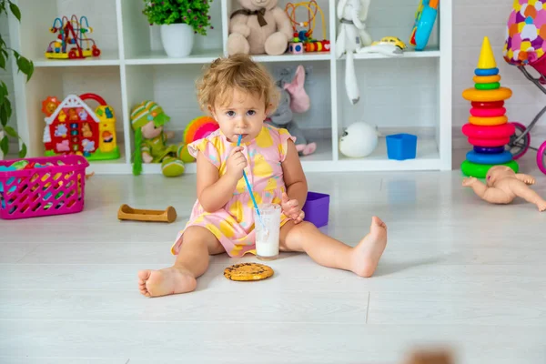 Child Drink Milk Room Selective Focus Kid — Stockfoto