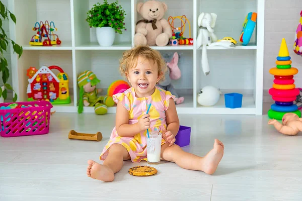 Child Drink Milk Room Selective Focus Kid — Photo