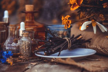 Medicinal herbs and tinctures homeopathy. Selective focus. Nature.