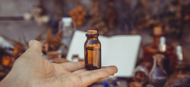 Medicinal herbs and tinctures homeopathy. Selective focus. Nature.