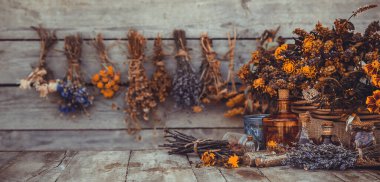 Medicinal herbs and tinctures homeopathy. Selective focus. Nature.