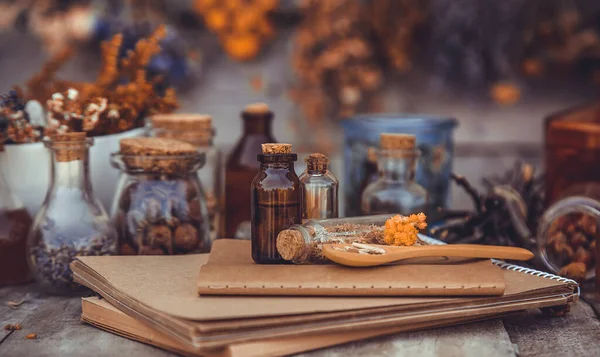 Medicinal Herbs Tinctures Homeopathy Selective Focus Nature — ストック写真