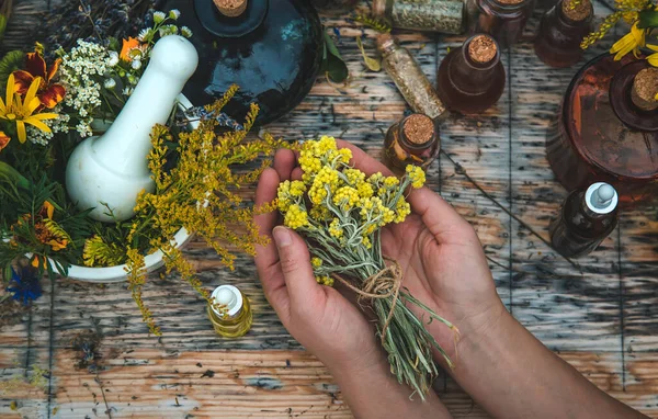 Woman with medicinal herbs and tinctures. Selective focus. Nature.