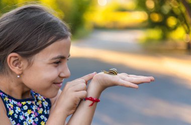 A child is studying a snail in the park. Selective focus. Nature.