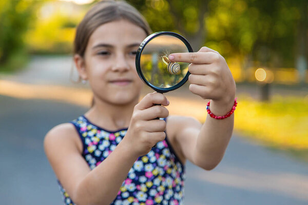 A child is studying a snail in the park. Selective focus. Nature.