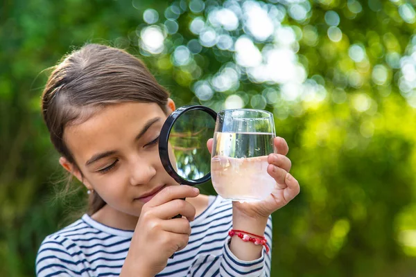 Bambino Esamina Acqua Con Una Lente Ingrandimento Concentrazione Selettiva Ragazzo — Foto Stock