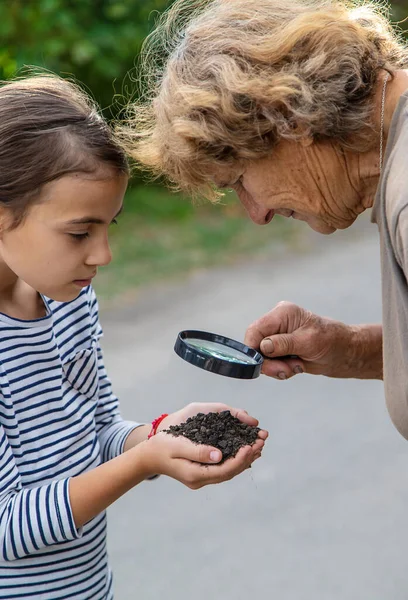 子供は虫眼鏡で土壌を調べます 選択的フォーカス キッド — ストック写真